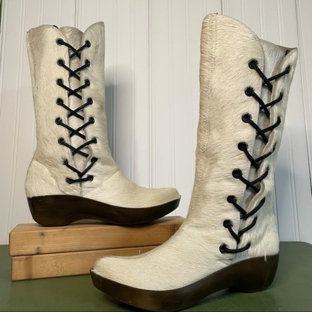 Robert Clergerie VTG Goat Fur Side Lace Boots w Platform Soles *France*